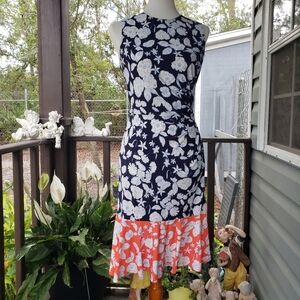 Eliza J Floral Midi Dress Sleeveless Ruched Side 4 Navy Coral Stretch Preppy